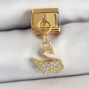 316L Çelik Sallantılı Zirkon Taşlı KuğuModel Gold Renk Nomination Charm - Görsel 1
