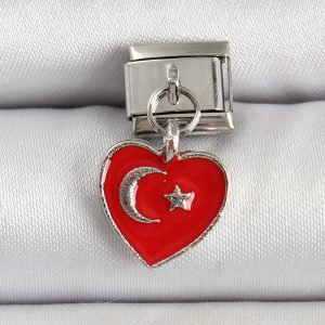 316L Çelik Gümüş Renk Kalp Türk Bayrağı Model Nomination Charm - Görsel 1
