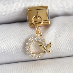 316L Çelik Sallantılı Zirkon Taşlı Kelebek Detaylı Halka Model Gold Renk Nomination Charm - Görsel 1