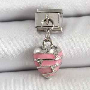 316L Çelik Gümüş Renk Pembe Kalp Model Nomination Charm - Görsel 1