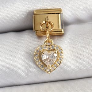316L Çelik Sallantılı Zirkon Taşlı Kalp Model Gold Renk Nomination Charm - Görsel 1