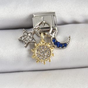 316L Çelik Sallantılı Zirkon Taşlı Güneş Ay Ve Yıldız Çoklu Model Gümüş Renk Nomination Charm - Görsel 1